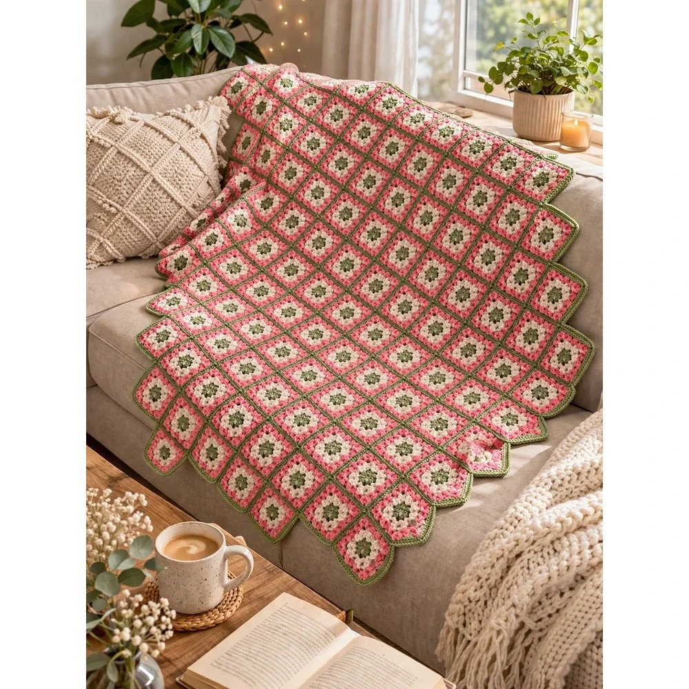 Vintage Crochet Granny‎ Square Afghan 58x64 Pink Green Throw Blanket Handmade
